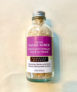 GLOW! Facial Scrub : a gentle exfoliant made from a mixture of organic herbs and grains.