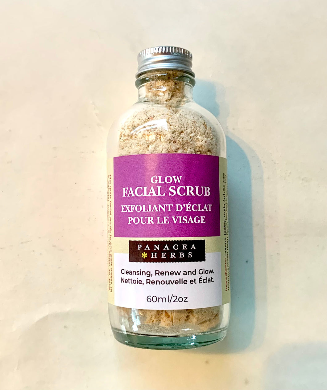 GLOW! Facial Scrub : a gentle exfoliant made from a mixture of organic herbs and grains.